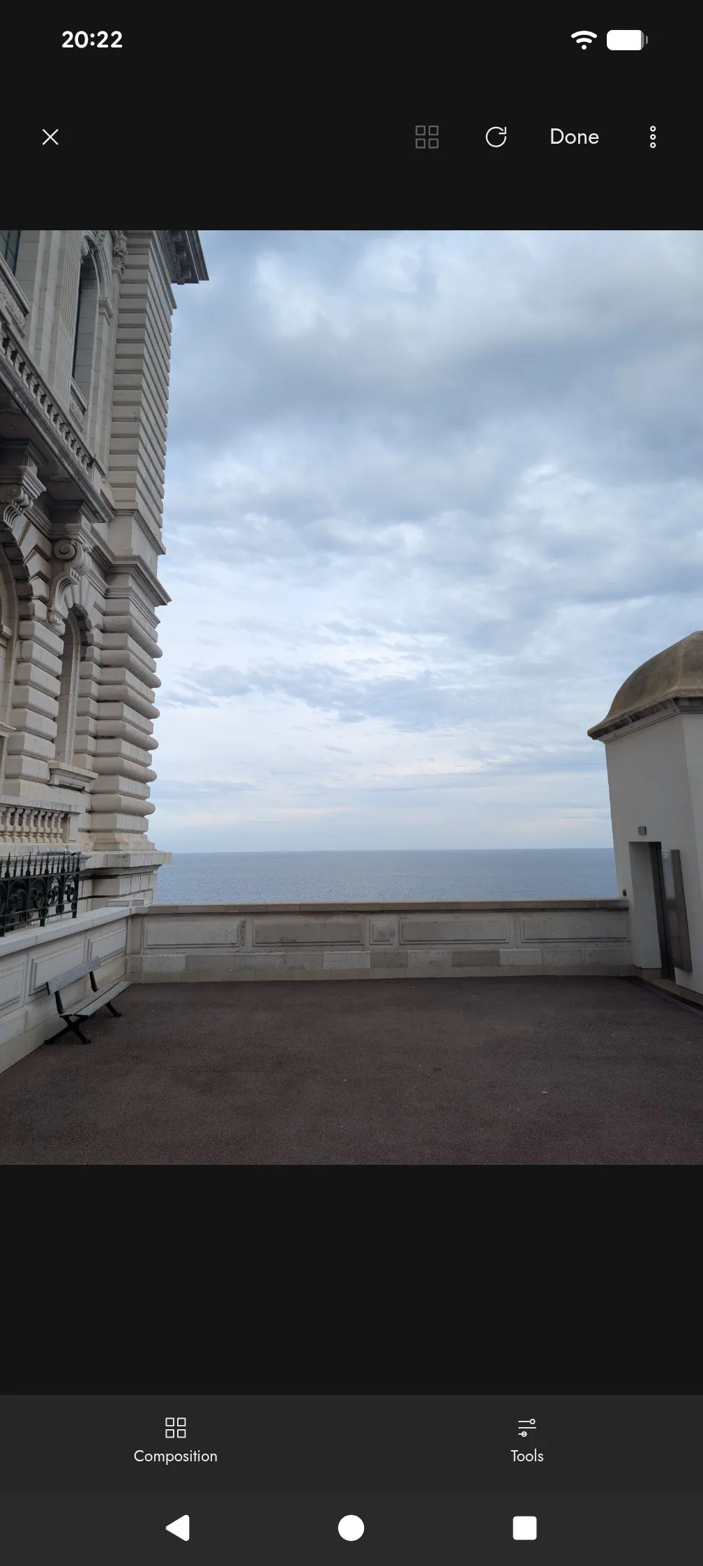 Photograph of a building before perspective correction, verticals leaning inward